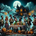 DALL·E 2024-01-04 10.05.55 - A whimsical and slightly spooky scene of a Zombie Beer Party. The setting is an eerie, moonlit night with a haunted house in the background. A group.png